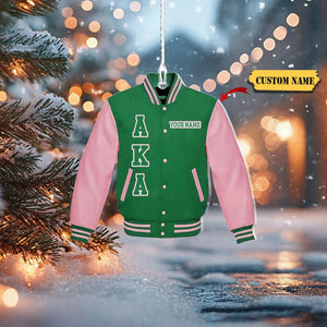 Custom AKA Varsity Jacket Ornament 2D - Personalized Alpha Kappa Alpha Sorority Green and Pink Jacket, Ideal Christmas Gift for AKA Members