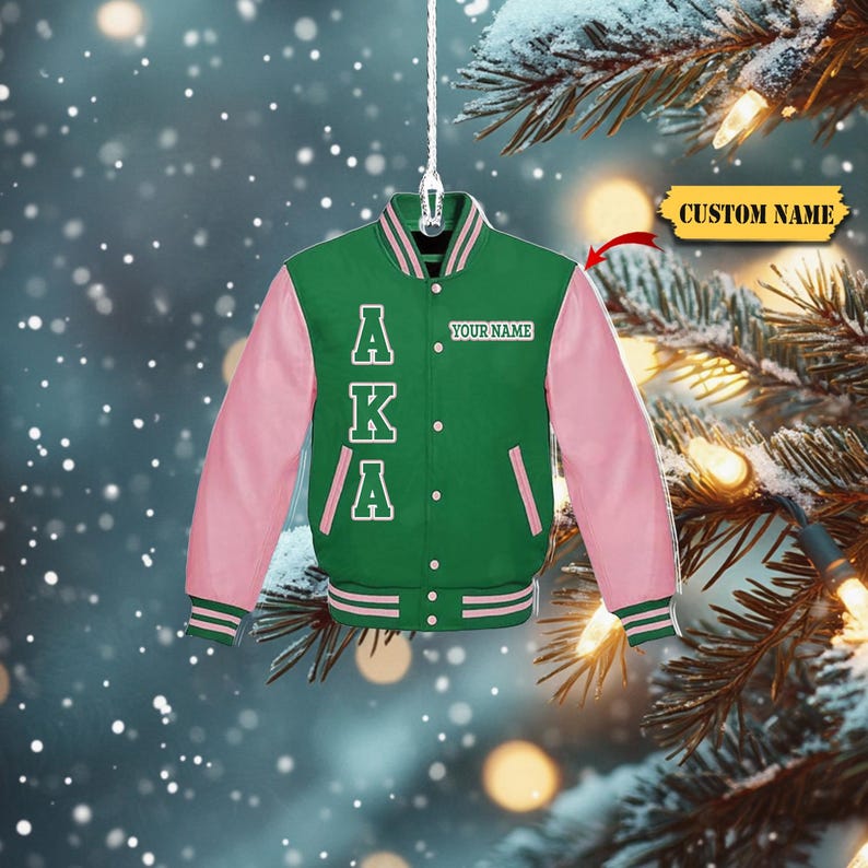 Custom AKA Varsity Jacket Ornament 2D - Personalized Alpha Kappa Alpha Sorority Green and Pink Jacket, Ideal Christmas Gift for AKA Members