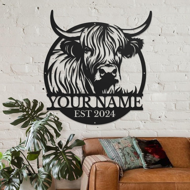 Personalized Highland Cow Metal Sign: Custom Name Wall Decor