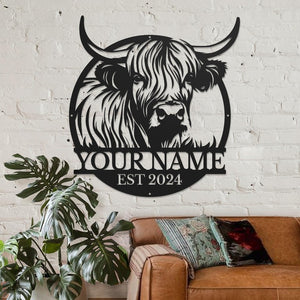 Personalized Highland Cow Metal Sign: Custom Name Wall Decor