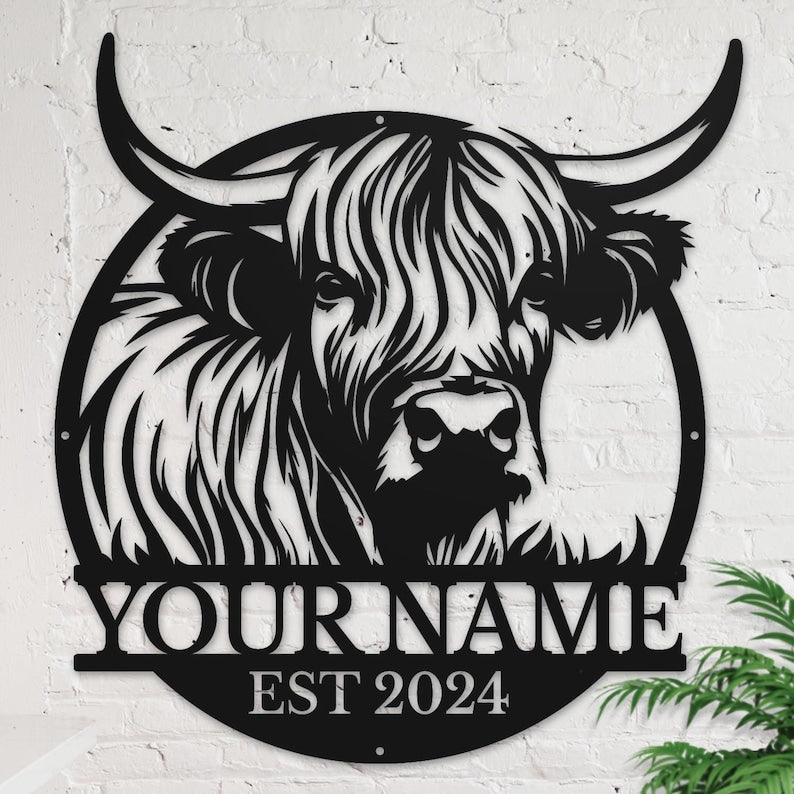 Personalized Highland Cow Metal Sign: Custom Name Wall Decor