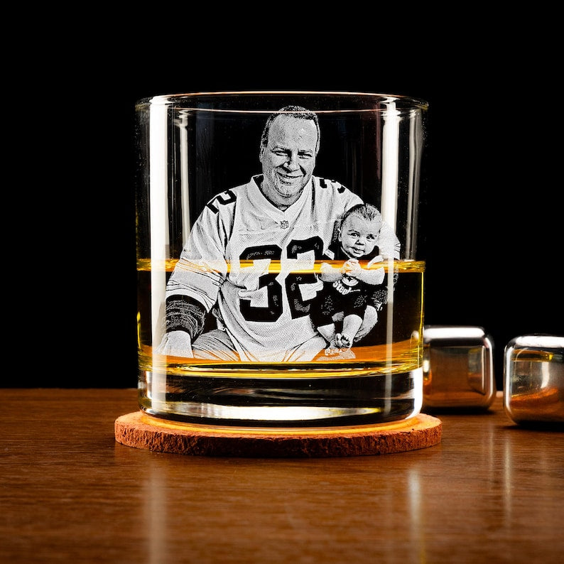 Custom Whiskey Glass Fathers Gift Idea - Personalized Handwriting and Photo on Rock Glass, Laser Engraved, Father's Day Gift