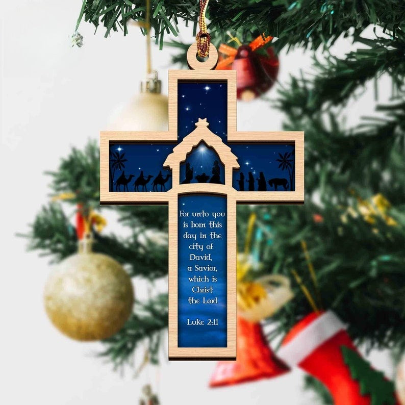 Nativity Cross Scripture Christmas Ornament, Nativity Scene Suncatcher, Religious Ornament Luke 2:11 Nativity Ornament, Church Group Gift