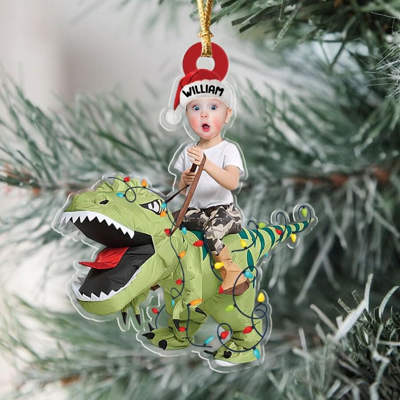 Cute Kid Rides The Dinosaur Kid Photo 2d Flat Ornaments, Christmas Gift, Custom Photo Ornament, Funny Ornament, Holiday Decors, Xmas Decors