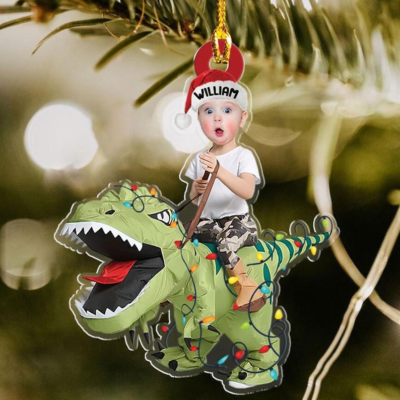 Kid Rides Dinosaur Ornament, Kid Photo Ornaments, Christmas Gift For Grandkids, Custom Photo Ornament, Baby Face Ornament, Christmas Gift