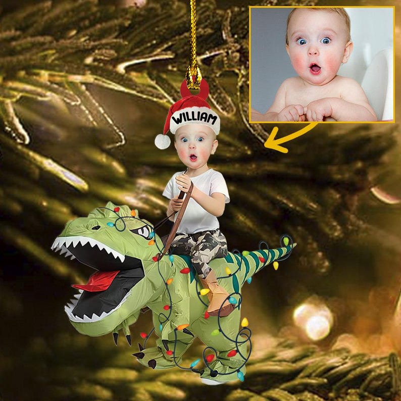Cute Kid Rides The Dinosaur Kid Photo 2d Flat Ornaments, Christmas Gift, Custom Photo Ornament, Funny Ornament, Holiday Decors, Xmas Decors