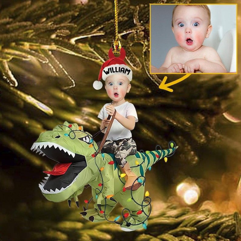Kid Rides Dinosaur Ornament, Kid Photo Ornaments, Christmas Gift For Grandkids, Custom Photo Ornament, Baby Face Ornament, Christmas Gift