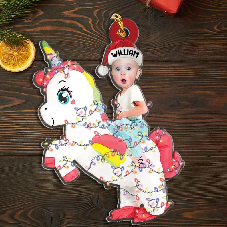 Kid Rides Unicorn With Christmas Light 2d Flat Ornament, Custom Gift, Photo Ornament, Funny Ornament, Holiday Decors, Xmas Decors