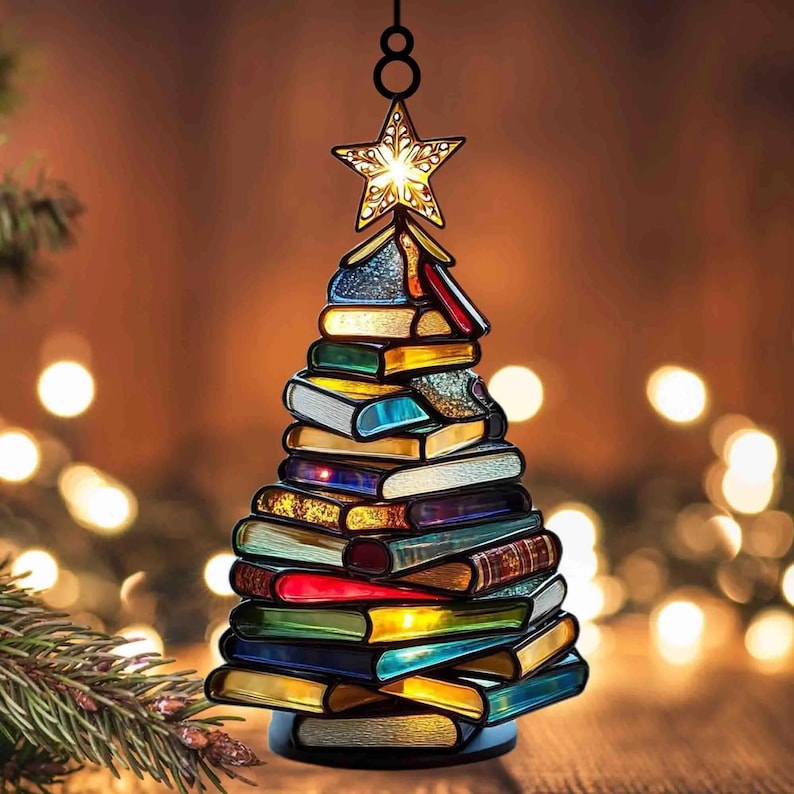 Christmas Book Tree Suncatcher Ornament ACRYLIC, Book Gift, Book Lover Gift, Book Ornament, Book Gift, Book Lover Gift, Librarian Gift