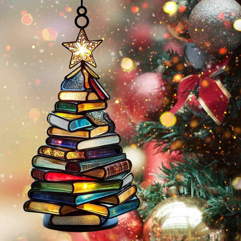 Christmas Book Tree Suncatcher Ornament ACRYLIC, Book Gift, Book Lover Gift, Book Ornament, Book Gift, Book Lover Gift, Librarian Gift