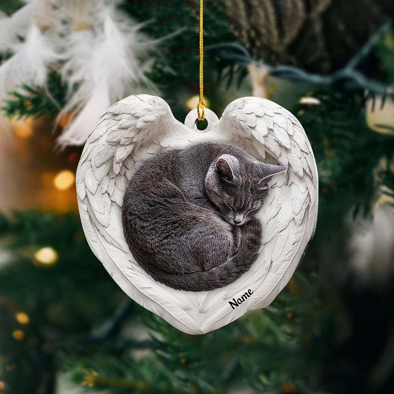 Personalized Gray Cat Sleeping Angel Wings Ornament, Gray Cat Christmas Ornament Gift, Car Ornament, Gift For Pet Lovers