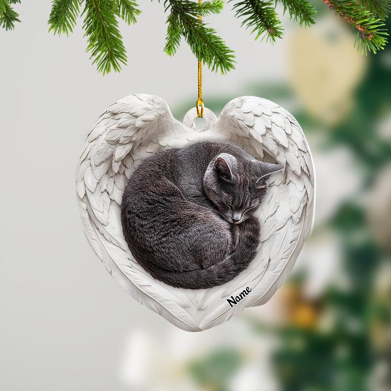 Personalized Gray Cat Sleeping Angel Wings Ornament, Gray Cat Christmas Ornament Gift, Car Ornament, Gift For Pet Lovers