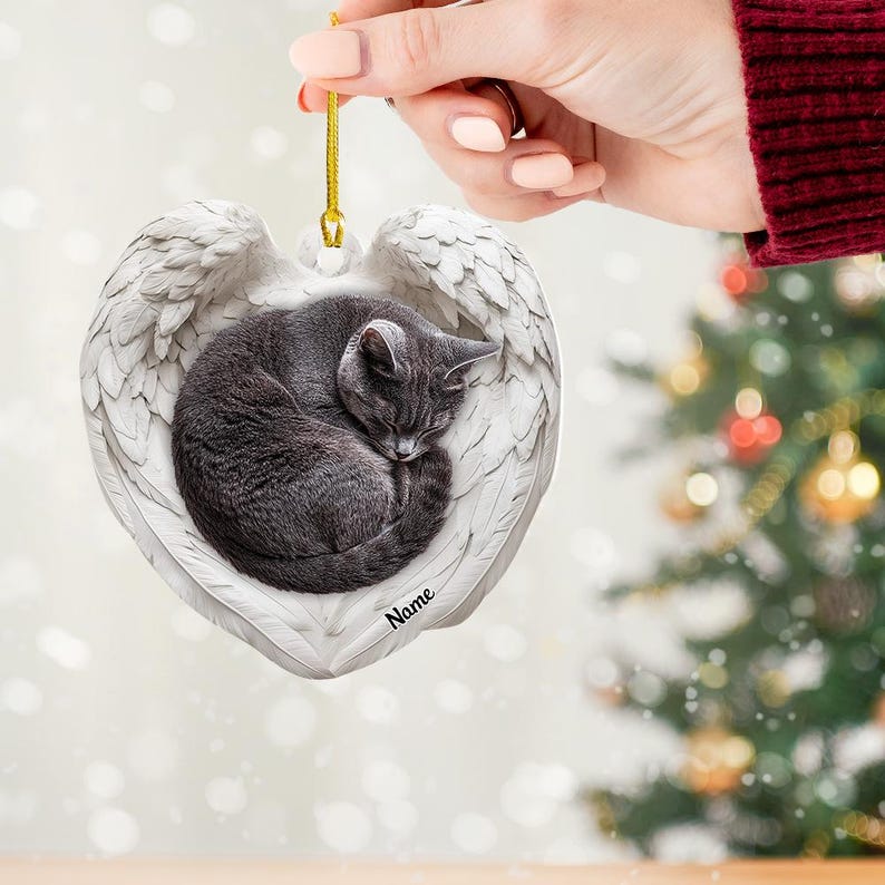 Personalized Gray Cat Sleeping Angel Wings Ornament, Gray Cat Christmas Ornament Gift, Car Ornament, Gift For Pet Lovers
