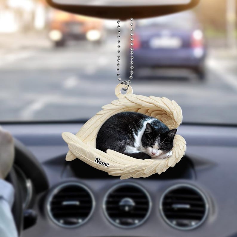 Personalized Tuxedo Cat Sleeping Angel Wings Ornament, Tuxedo Cat Christmas Ornament Gift, Car Ornament, Gift For Pet Lovers