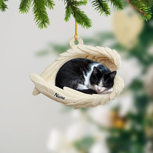 Personalized Tuxedo Cat Sleeping Angel Wings Ornament, Tuxedo Cat Christmas Ornament Gift, Car Ornament, Gift For Pet Lovers