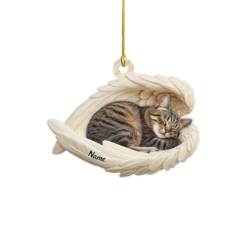 Personalized Tabby Cat Sleeping Angel Wings Ornament, Tabby Cat Christmas Ornament Gift, Car Ornament, Gift For Pet Lovers