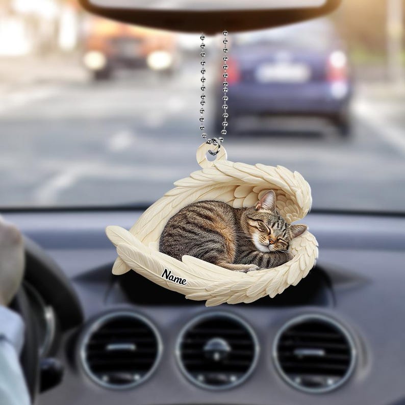 Personalized Tabby Cat Sleeping Angel Wings Ornament, Tabby Cat Christmas Ornament Gift, Car Ornament, Gift For Pet Lovers