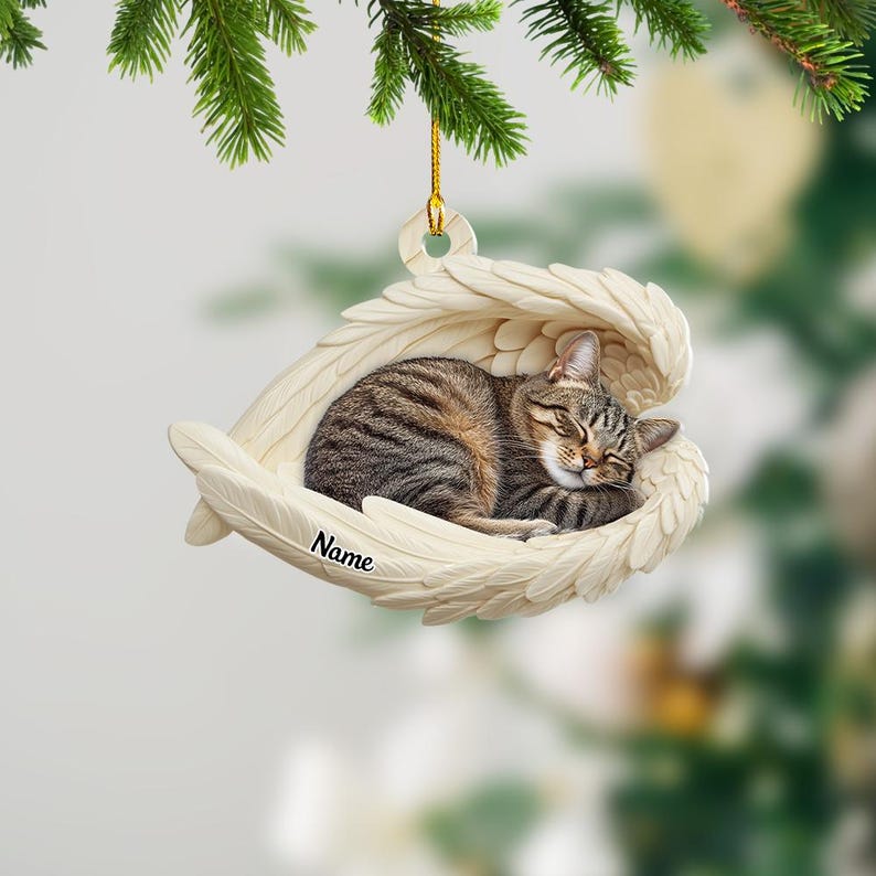 Personalized Tabby Cat Sleeping Angel Wings Ornament, Tabby Cat Christmas Ornament Gift, Car Ornament, Gift For Pet Lovers