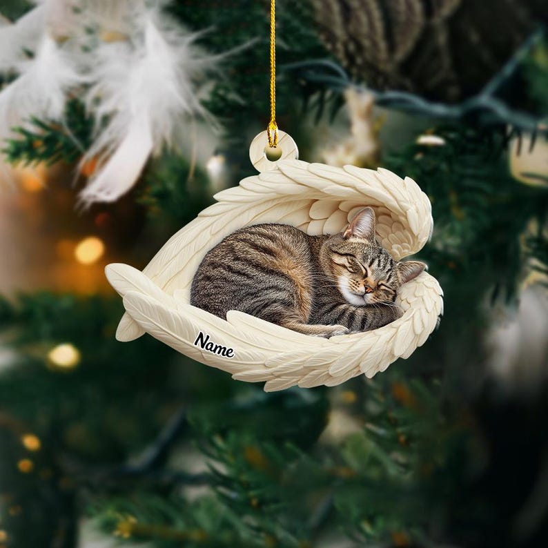 Personalized Tabby Cat Sleeping Angel Wings Ornament, Tabby Cat Christmas Ornament Gift, Car Ornament, Gift For Pet Lovers