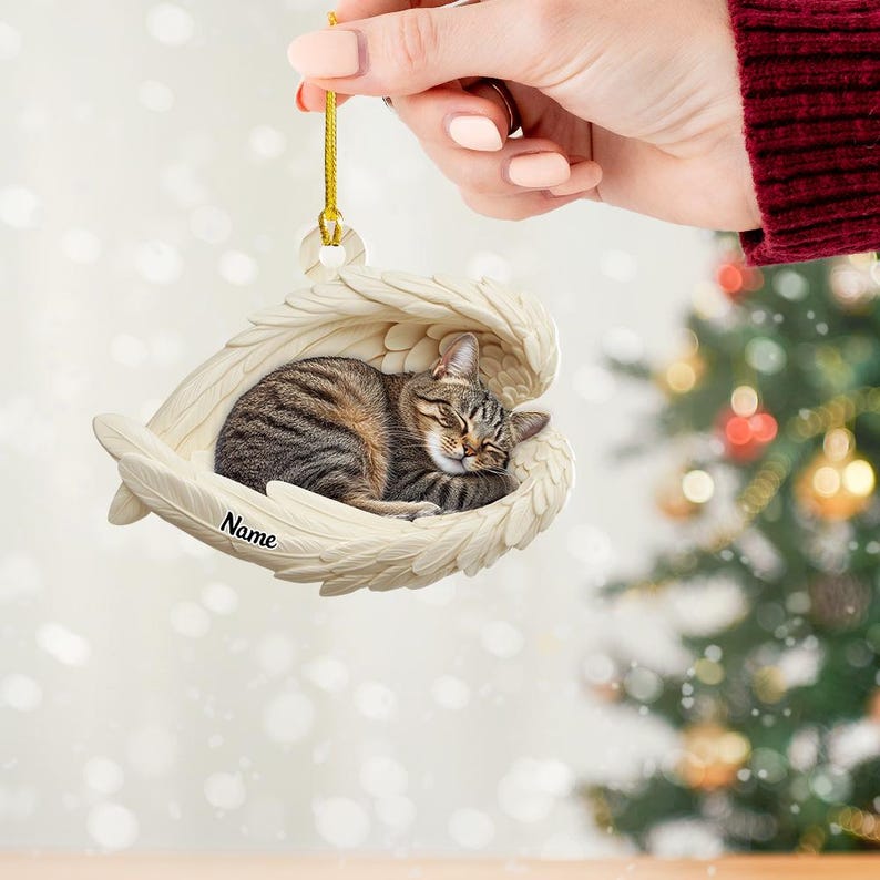 Personalized Tabby Cat Sleeping Angel Wings Ornament, Tabby Cat Christmas Ornament Gift, Car Ornament, Gift For Pet Lovers