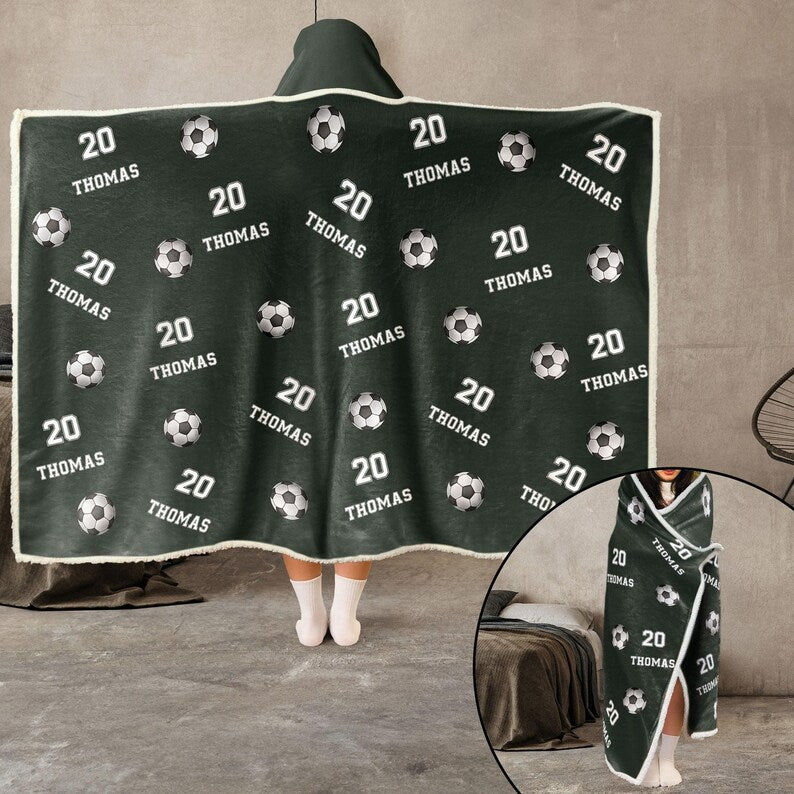 Personalized Soccer Wearable Hooded Blanket, Custom Name And Number, Christmas Gift Birthday Gift For Soccer Player Team Soccer Mom