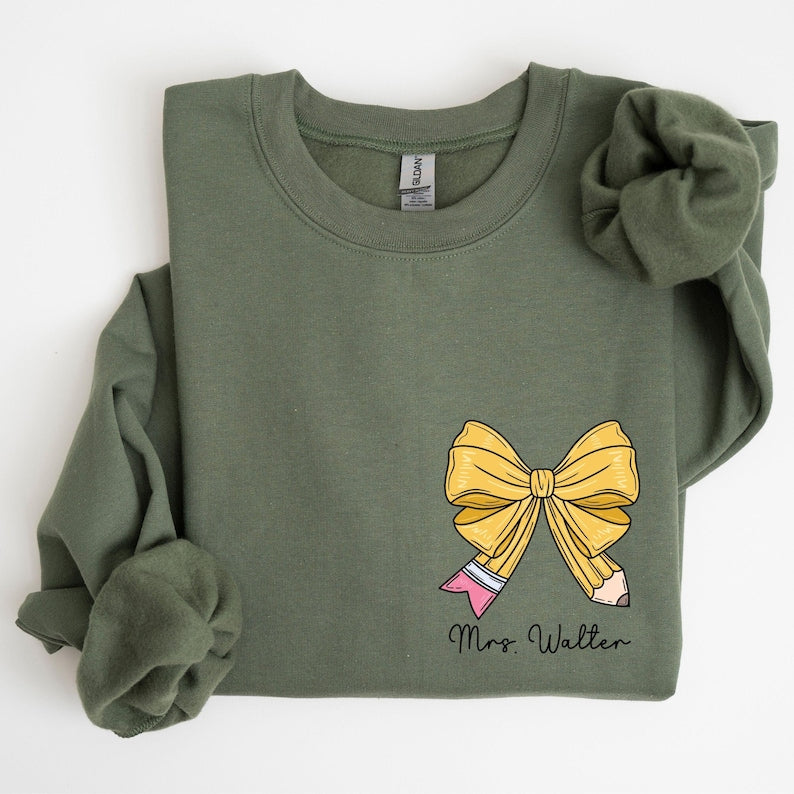Custom Teacher Coquette Bow Sweatshirt, Custom Teacher Name Shirt, Teacher Appreciation Gift, Cute Teacher Christmas Shirt, Back To School