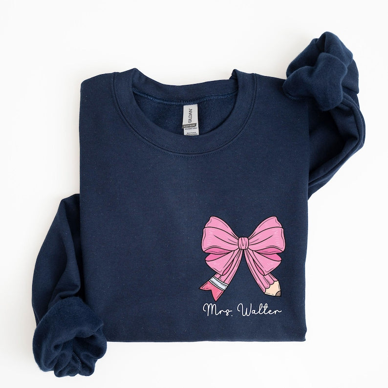 Custom Teacher Coquette Bow Sweatshirt, Custom Teacher Name Shirt, Teacher Appreciation Gift, Cute Teacher Christmas Shirt, Back To School