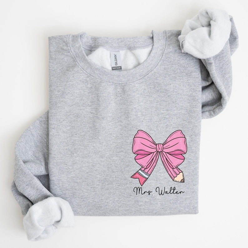 Custom Teacher Coquette Bow Sweatshirt, Custom Teacher Name Shirt, Teacher Appreciation Gift, Cute Teacher Christmas Shirt, Back To School