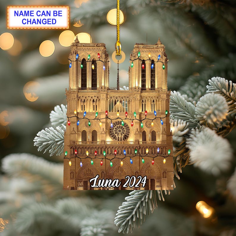 Custom Name Notre-Dame Cathedral With Christmas Lights Personalized Ornament, Christmas Tree Hanging Decor, Christmas Ornament, 2D Flat Ornament