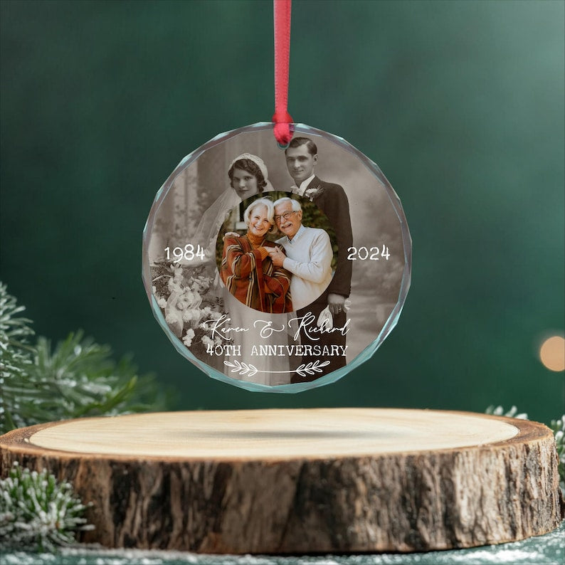 Personalized Wedding Anniversary Ornament with Then and Now Photos, Custom Golden/Silver Anniversary Keepsake, Gift for Parents Grandparents