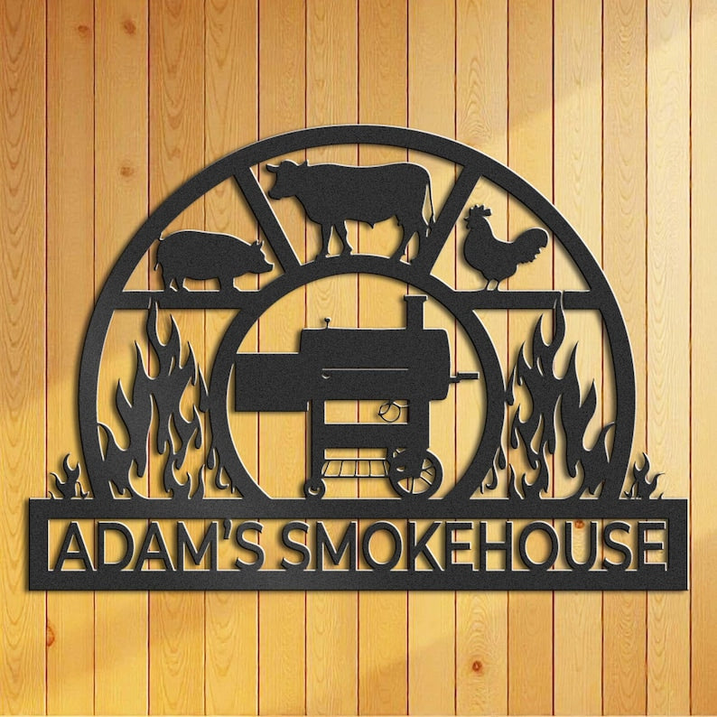 Custom BBQ Name Sign - Personalized BBQ Metal Sign - Smokehouse Metal Sign - Barbecue Wall Art - Personalized Grill Sign - Sign for Outdoor