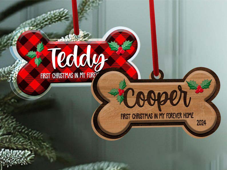 Personalized Dog Bone Christmas Ornament, Custom Pet Name Ornament, Pet Memorial Ornament, New Puppy Ornament, First Christmas Keepsake
