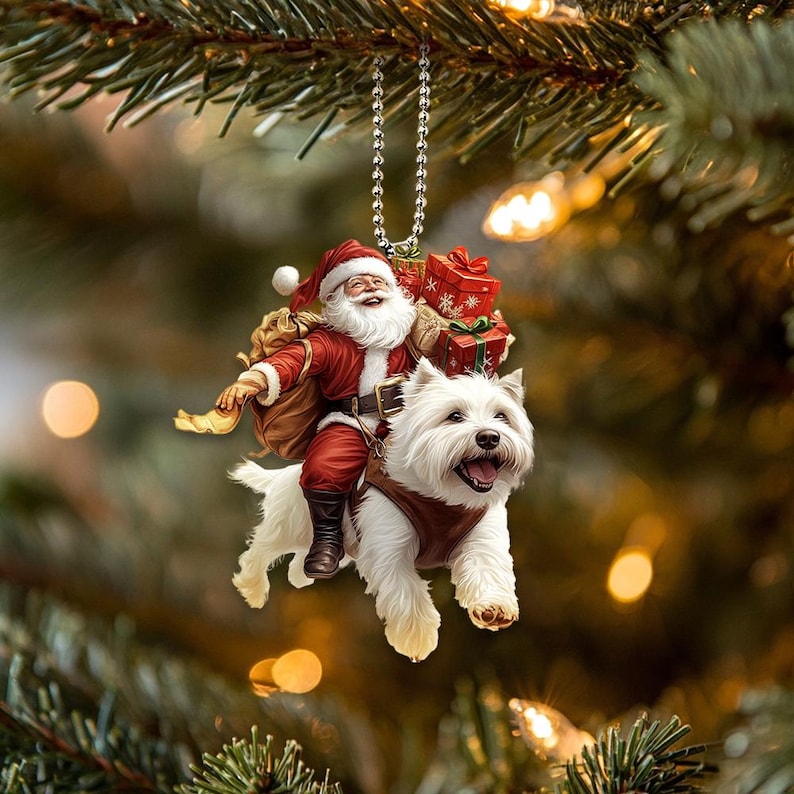 West Highland White Terrier Ornament, Dog with Santa Ornament, Santa and Dog Ornament, Dog Car Ornament, Christmas Gifts, Dog Lover Gifts