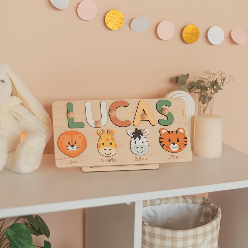 Personalized Name Puzzle with Animals | Baby, Toddler, Kids Toys | Wooden Toys | Baby Shower | Christmas Gifts | First Birthday Girl and Boy