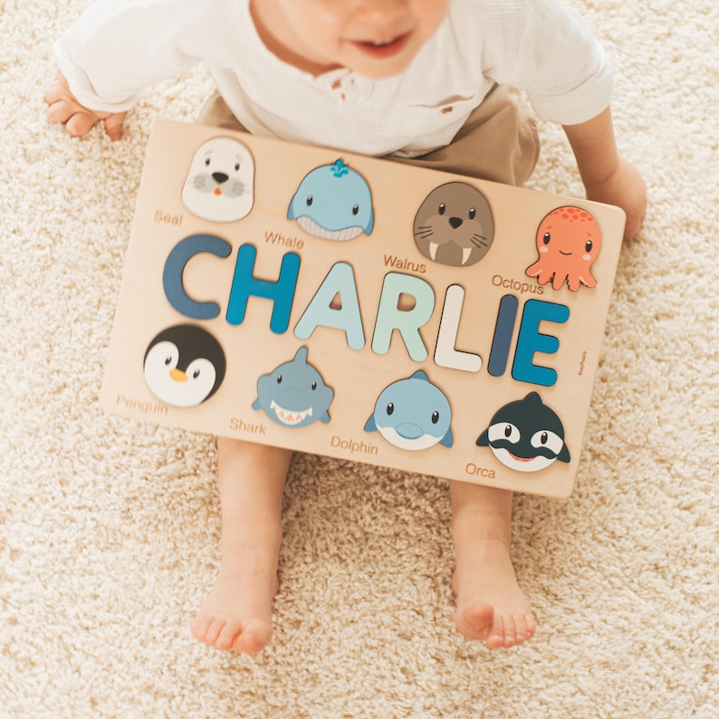 Personalized Name Puzzle with Animals | Baby, Toddler, Kids Toys | Wooden Toys | Baby Shower | Christmas Gifts | First Birthday Girl and Boy