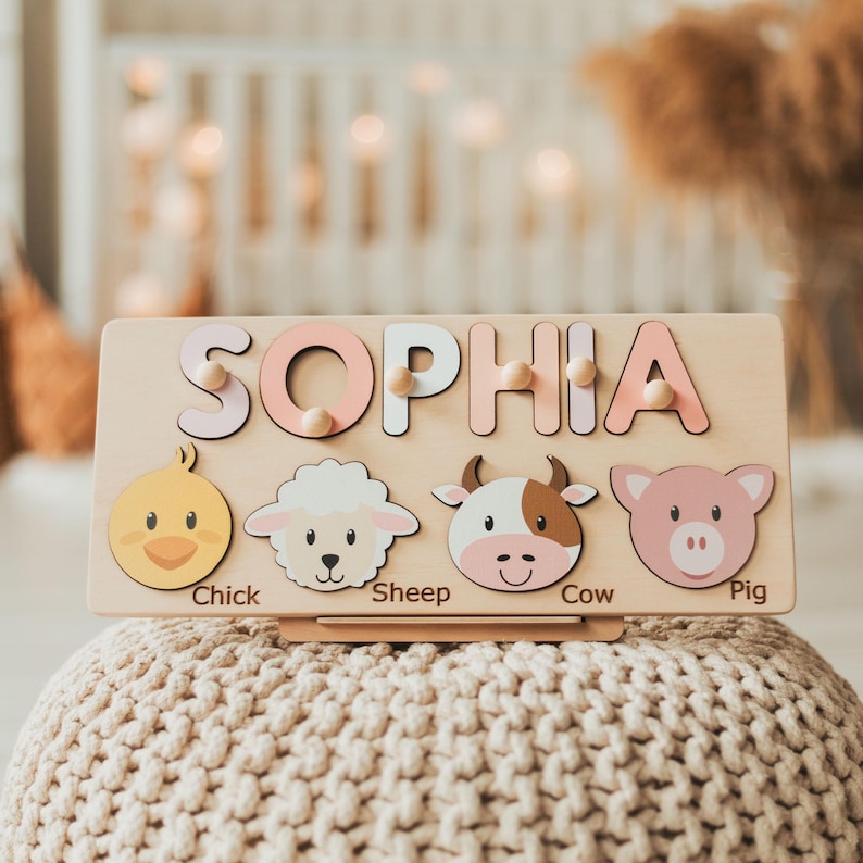 Personalized Name Puzzle with Animals | Baby, Toddler, Kids Toys | Wooden Toys | Baby Shower | Christmas Gifts | First Birthday Girl and Boy
