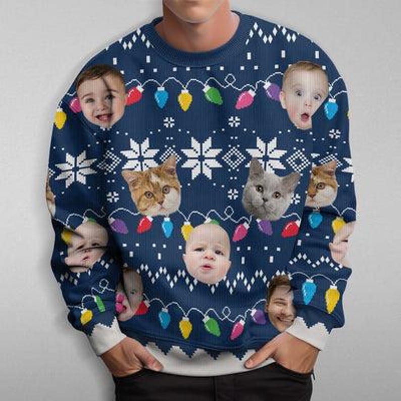 Custom Faces Funny Christmas Lights Ugly Sweater Gift For Family Personalized Photo Ugly Sweater Christmas Gifts, Year End Party Sweater
