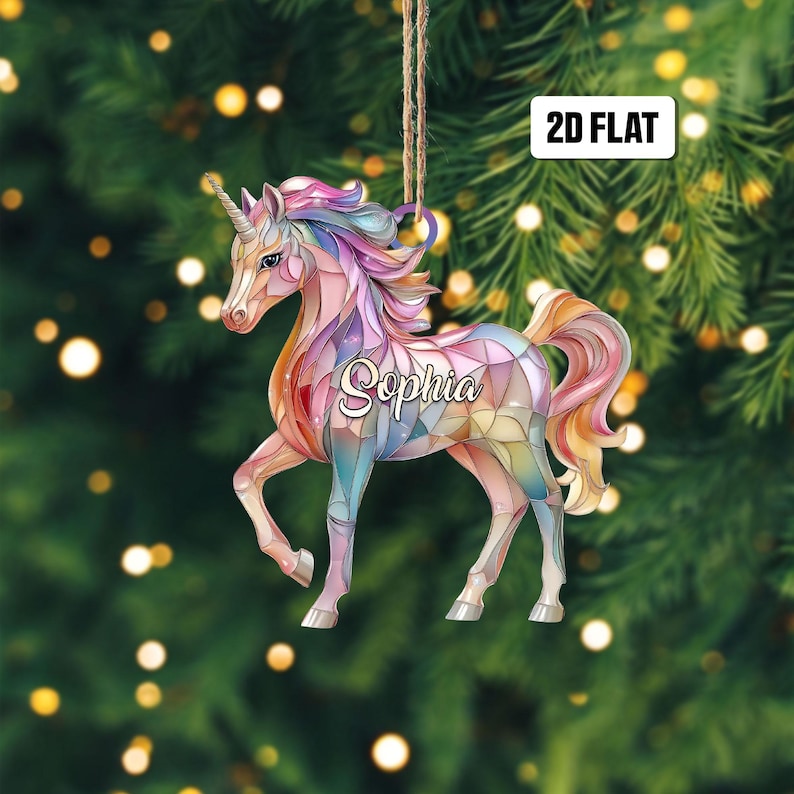 Personalized Rainbow Unicorn 2D Flat Ornament, Unicorn gift Christmas Ornament, Unicorn Decor, Christmas Gift for Unicorn.