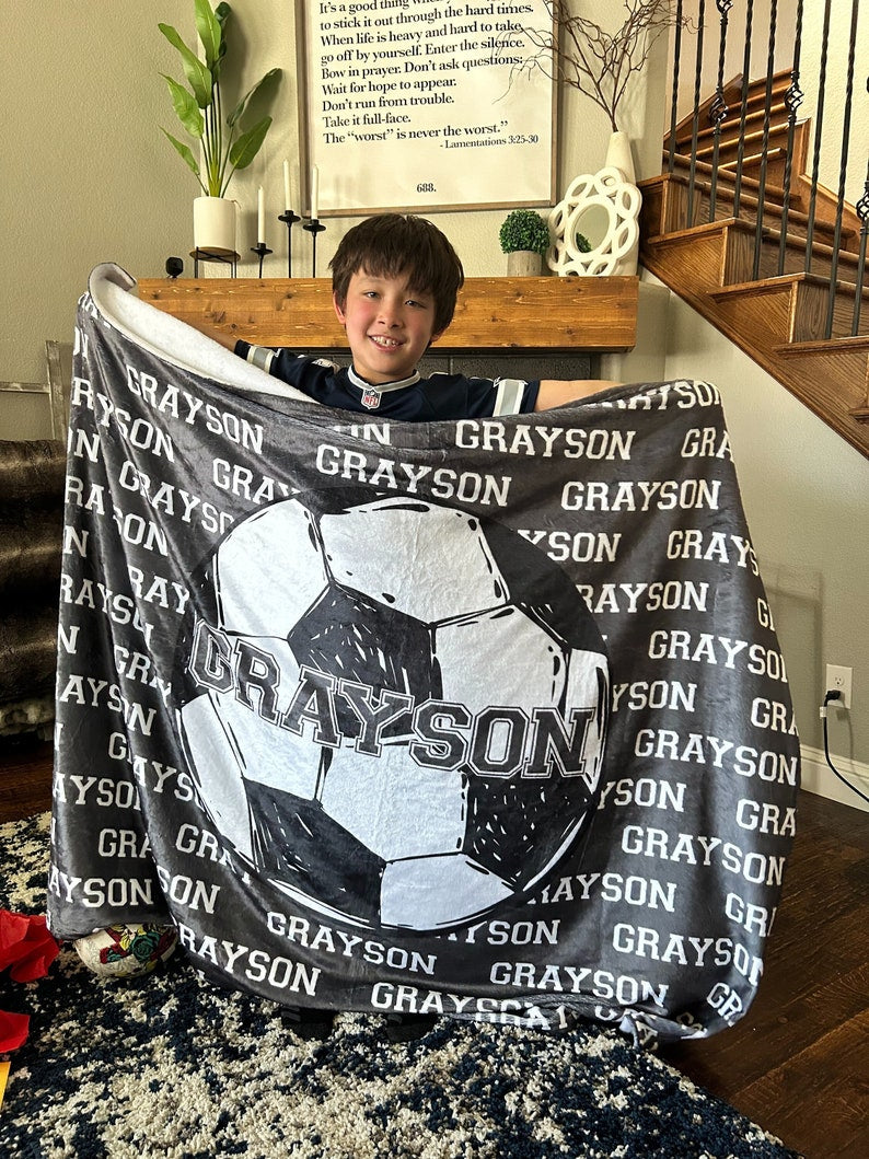 Personalized Soccer Blanket, Custom Soccer Sherpa Fleece Blankets, Gift for Soccer Lovers, Birthday Gift For Boys