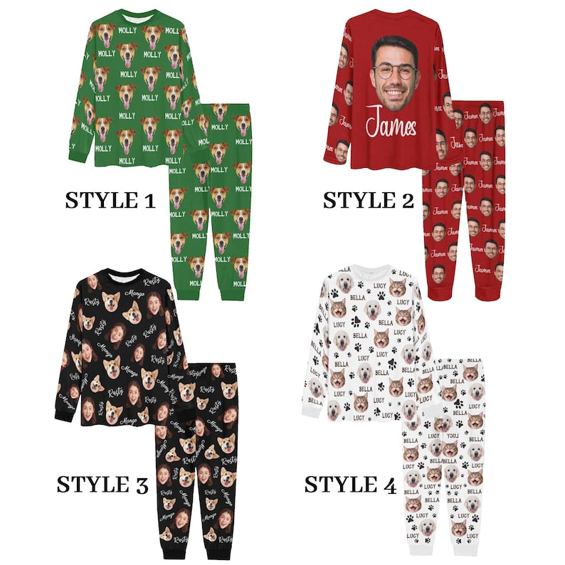 Custom Pajamas with Text,Customize Family Pajama,Photo Printed Pajamas,Dog Face Pajamas,Party Pajamas,Kids Custom Pajamas,Birthday/Xmas Gift