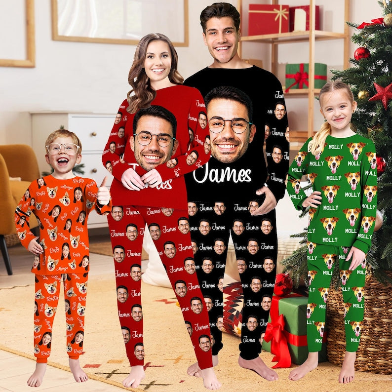 Custom Pajamas with Text,Customize Family Pajama,Photo Printed Pajamas,Dog Face Pajamas,Party Pajamas,Kids Custom Pajamas,Birthday/Xmas Gift