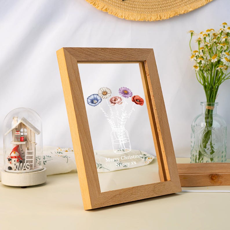 Personalized Wooden Frame Night Light, Night Light with Family Birth Flower, Christams Gift for Nancy, Grandma Birthday Gift, Nightlight Mom