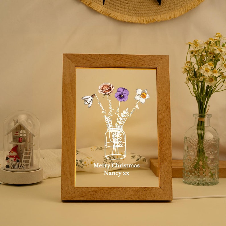 Personalized Wooden Frame Night Light, Night Light with Family Birth Flower, Christams Gift for Nancy, Grandma Birthday Gift, Nightlight Mom