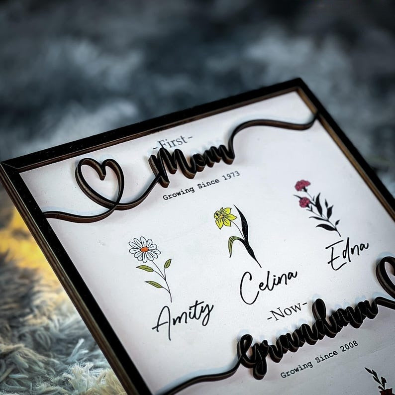 Nana Gift Personalized Flower Birth Month Garden Wooden Sign Frame, Mother Day Gift, First Mom Now Grandma Gift, Mom Gift, Mom Birthday Gift