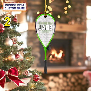 Custom Name Squash Racket and Ball Personalized Ornament, Christmas Tree Hanging Decor, Christmas Ornament, 2D Flat Ornament