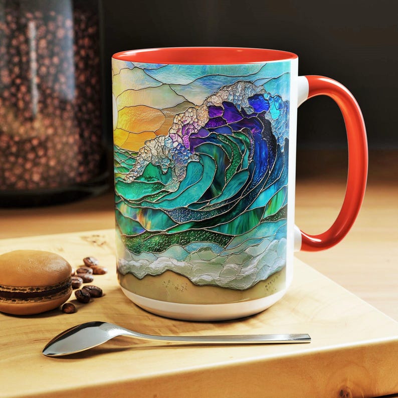 Ocean Wave Ceramic Mug Stained Glass Coastal Sunrise Art Beach Kitchen Coffee Drinkware