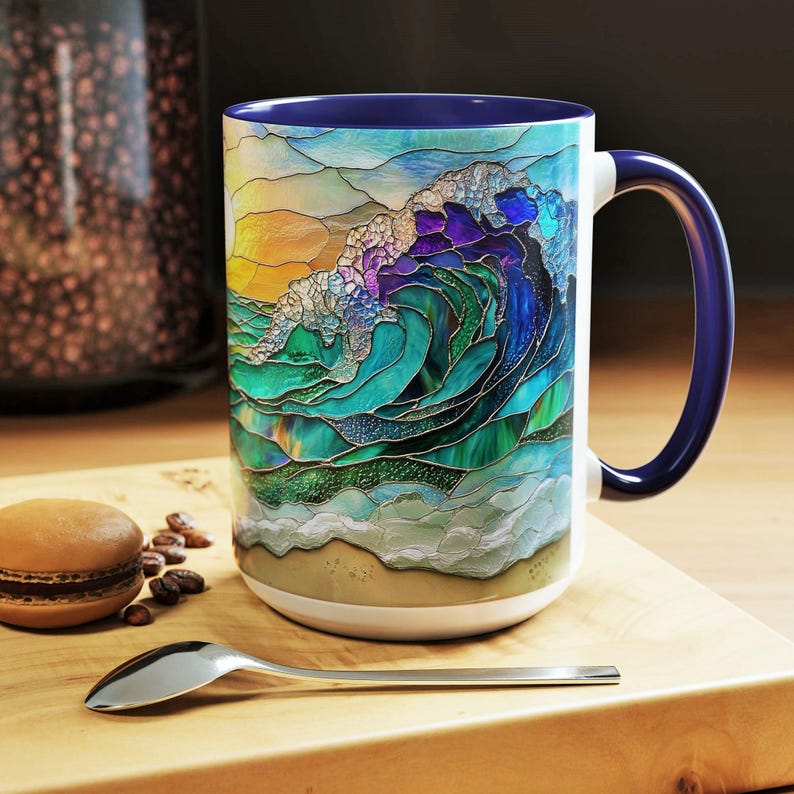 Ocean Wave Ceramic Mug Stained Glass Coastal Sunrise Art Beach Kitchen Coffee Drinkware