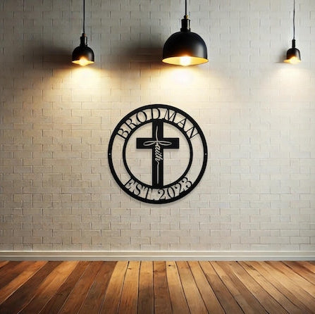 Custom Family Name Metal Sign with Faith Cross-Personalized Monogram Home Wall Decor-Christian Gifts-Wedding Housewarming Christmas