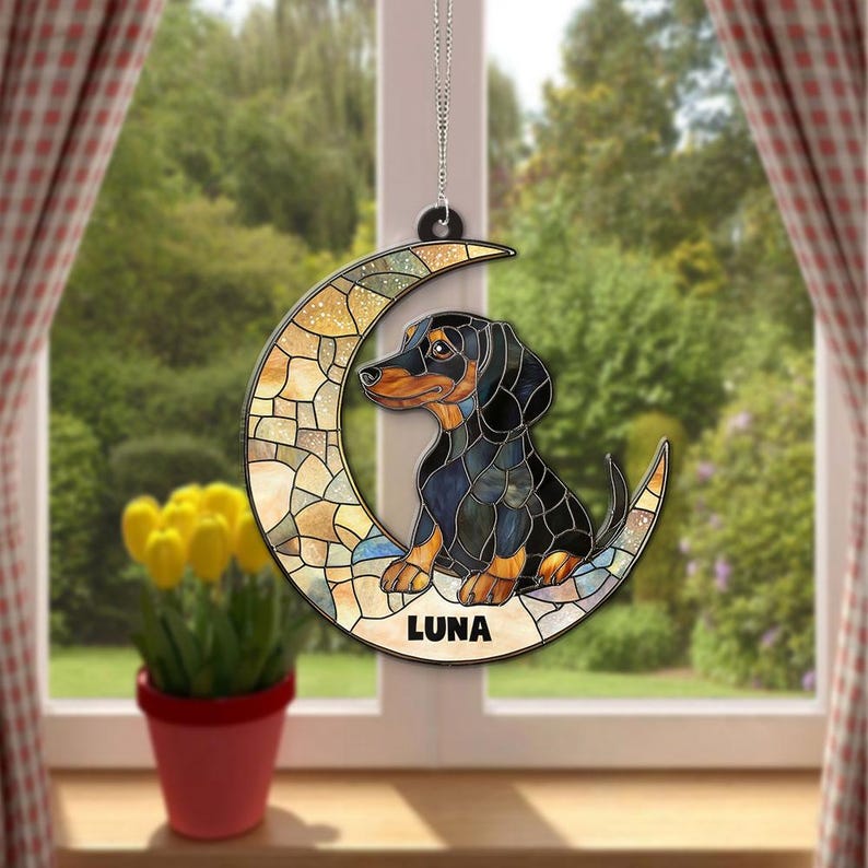 Dachshund On The Moon Ornament, Dog Lover Gifts, Dachshund Gifts, Personalized Dachshund, Pet Memorial Ornament, Dog Holiday Decoration