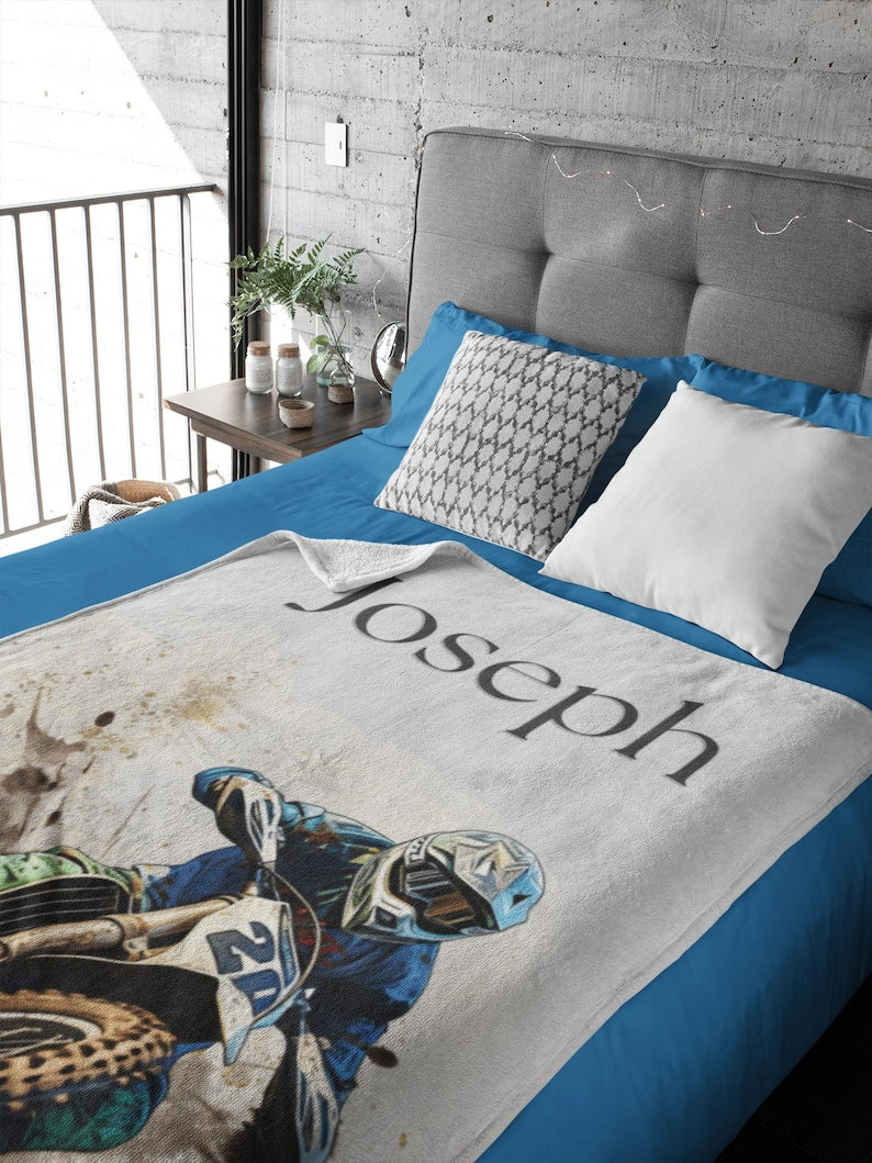 Dirt Bike Blanket Personalized Name Blanket Gift Custom Name Motorcross Blanket Throw Gift for Boys Motorcycle Blanket Gift for Teen